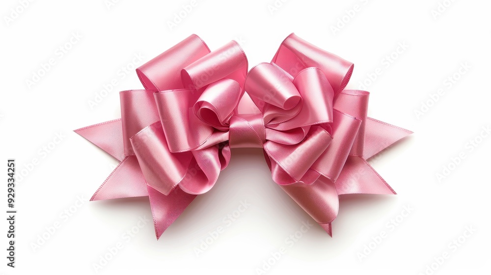 Pink satin double bow with layered loops arranged elegantly on a white background Pink satin double bow with layered loops arranged elegantly on a white background