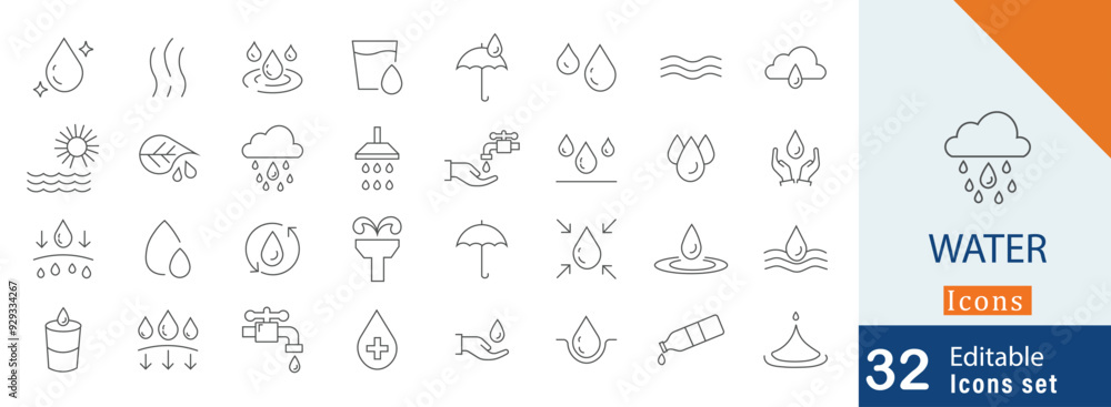 Water icon set in simple stroke line design Water icon set in simple stroke line design