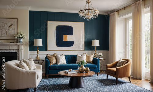 Navy and Cream Interior with Abstract Art and Elegant Accents