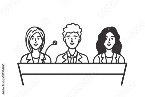 Three individuals sit at a table with a microphone, focused on their conversation