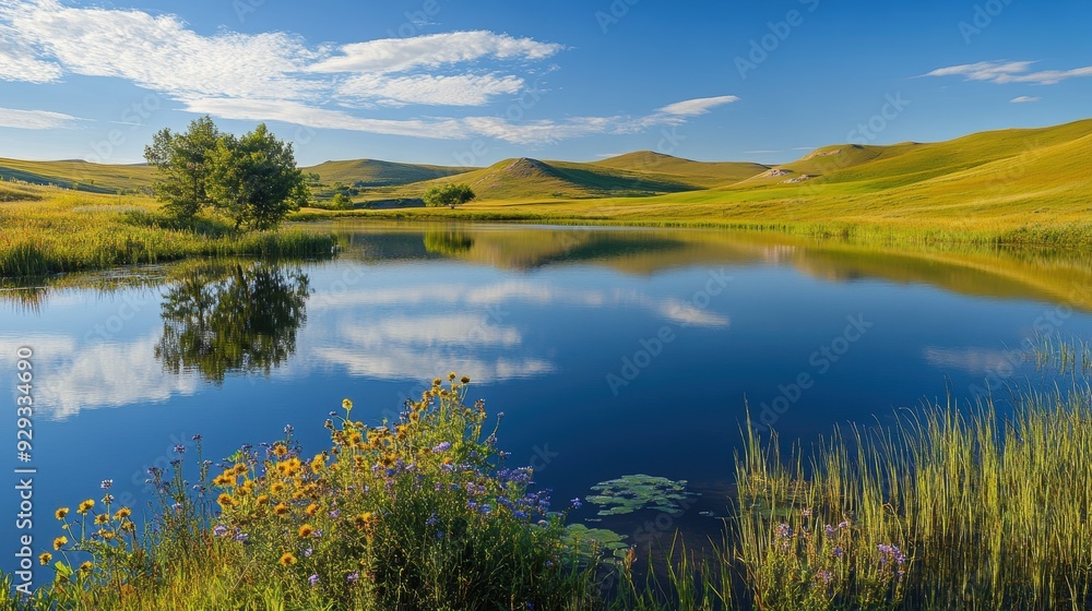 A serene landscape featuring a calm pond surrounded by green hills and blooming wildflowers. A serene landscape featuring a calm pond surrounded by green hills and blooming wildflowers.