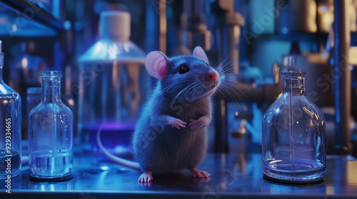 Laboratory rat standing on a stainless steel counter in a research lab surrounded by laboratory glassware photo