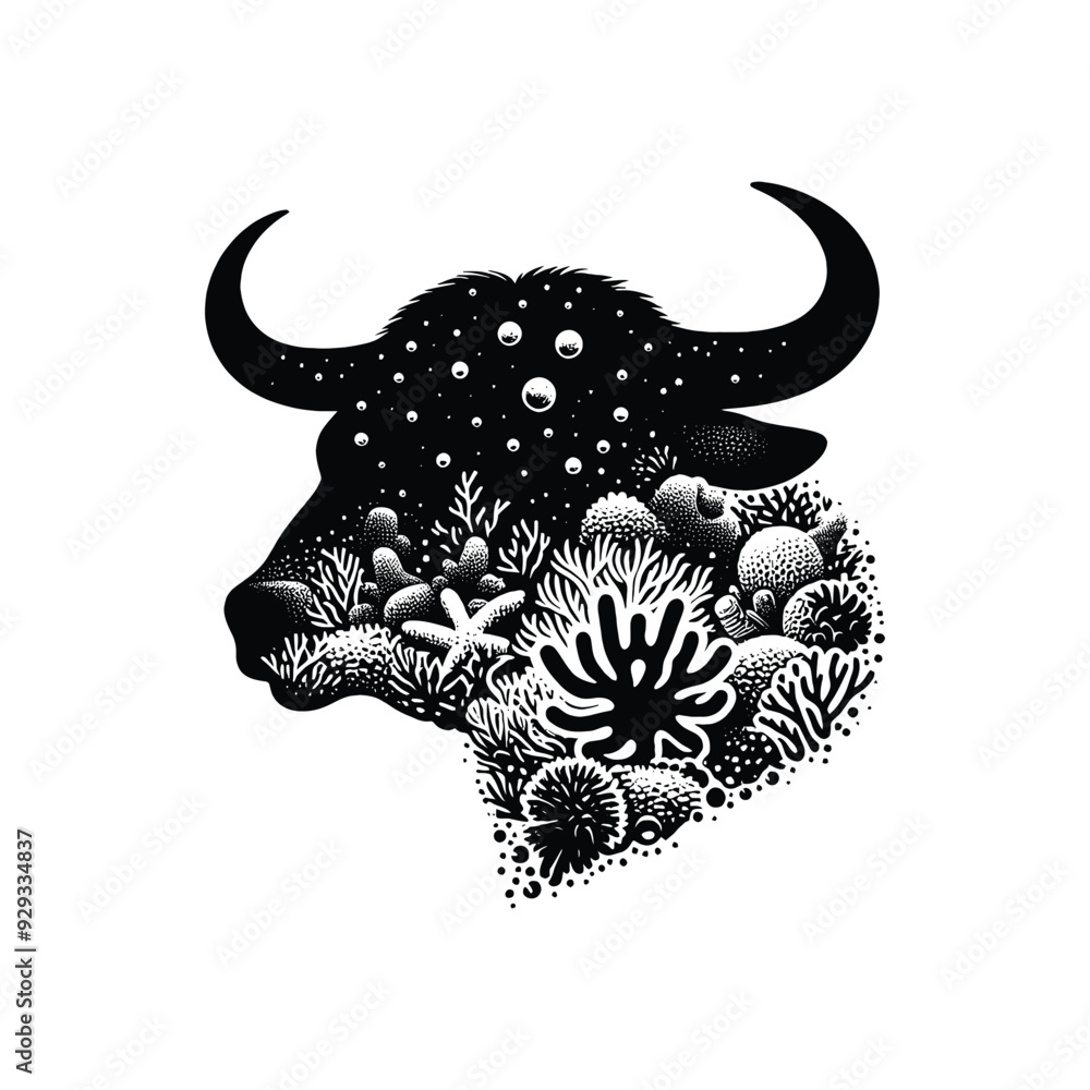 silhouette of Bull, filled with underwater view with coral in rough drawing, silhouette of Bull, filled with underwater view with coral in rough drawing,