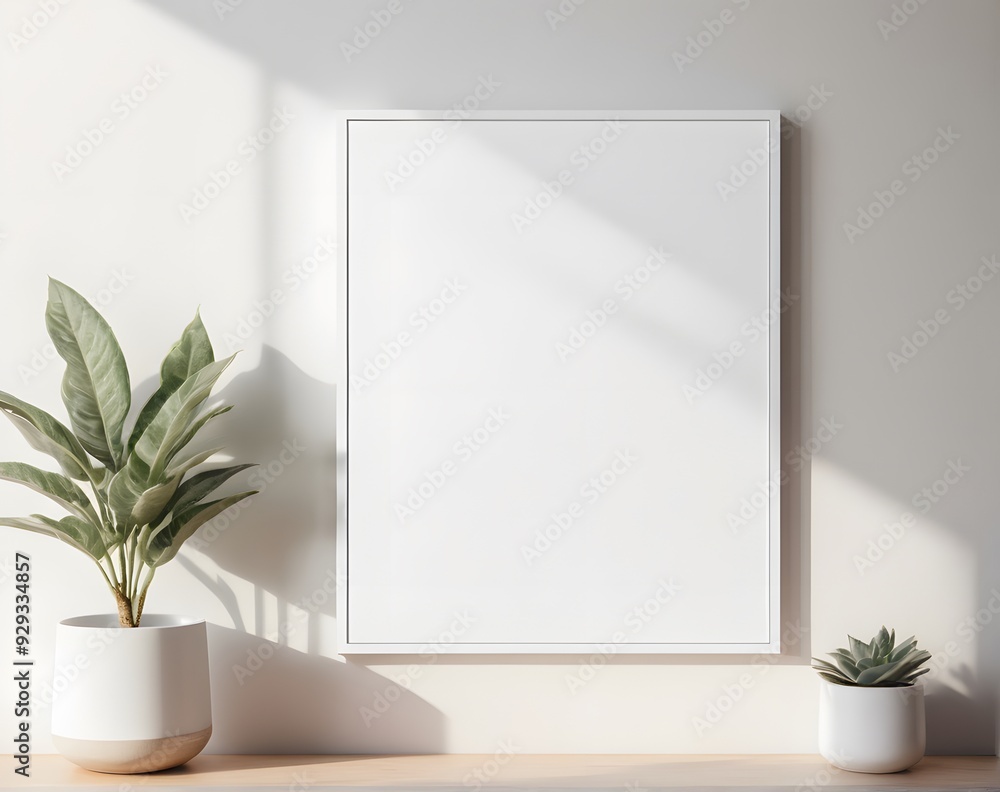 White vertical frame hanging on a white wall mockup White vertical frame hanging on a white wall mockup