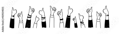 Crowd of people raising hands with thumb up background. Hand drawn doodle vector illustration. Like time. Happy customer, success, positive feedback, testimonials concept