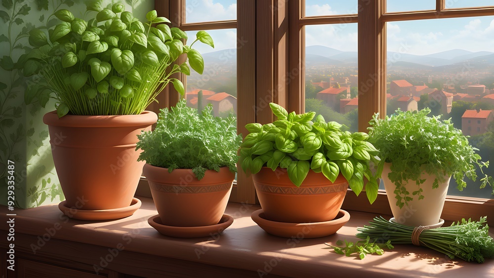 Basil, oregano and parsley in clay pots on the windowsill illustration Basil, oregano and parsley in clay pots on the windowsill illustration