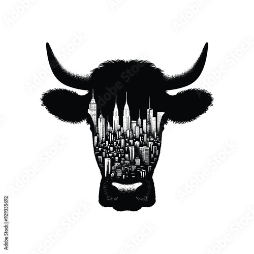 silhouette of Cow, filled with cityline in rough drawing,