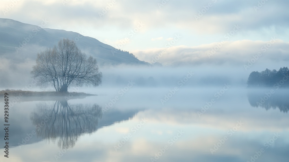 Fototapeta premium A serene landscape featuring a misty lake, a solitary tree, and soft reflections.