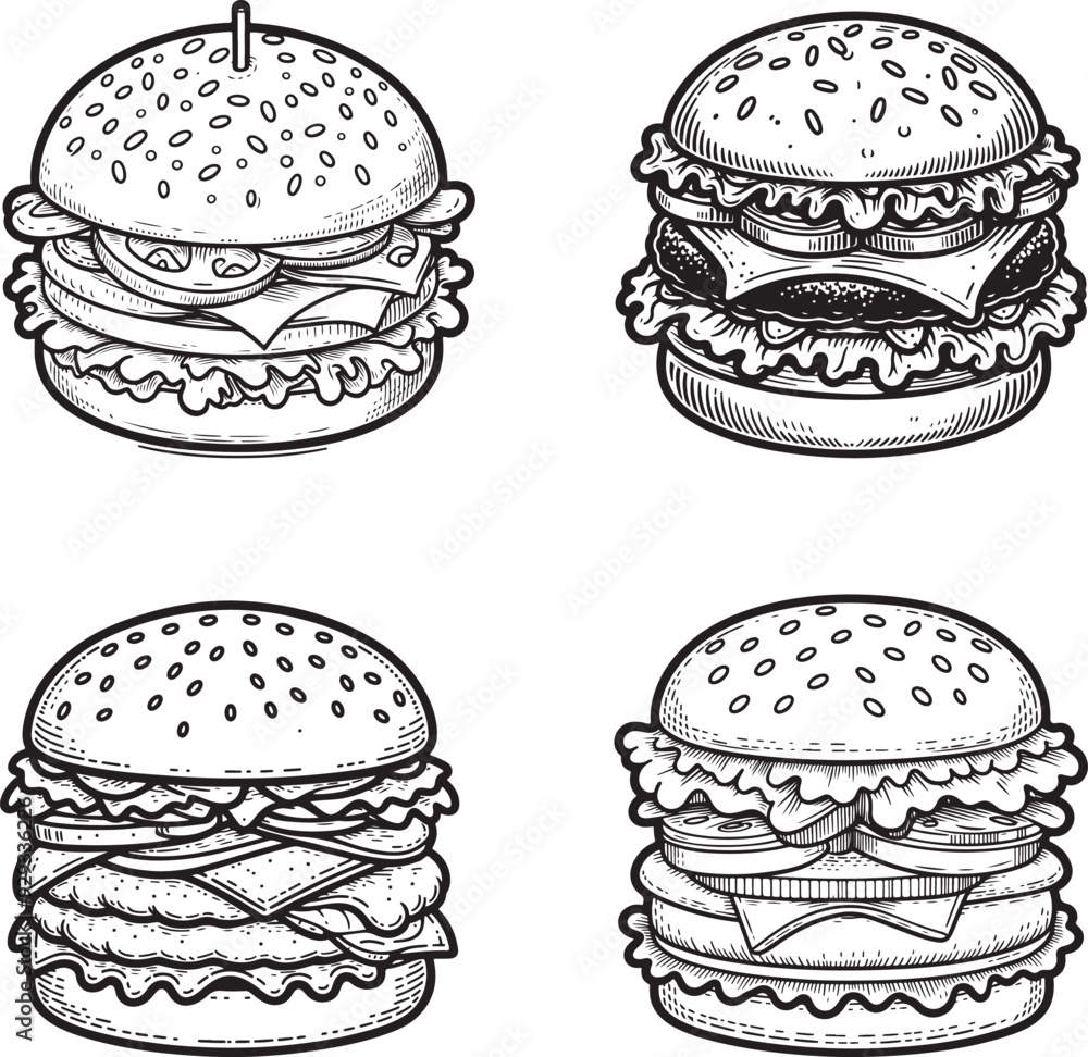 A burger line art coloring book illustration set A burger line art coloring book illustration set