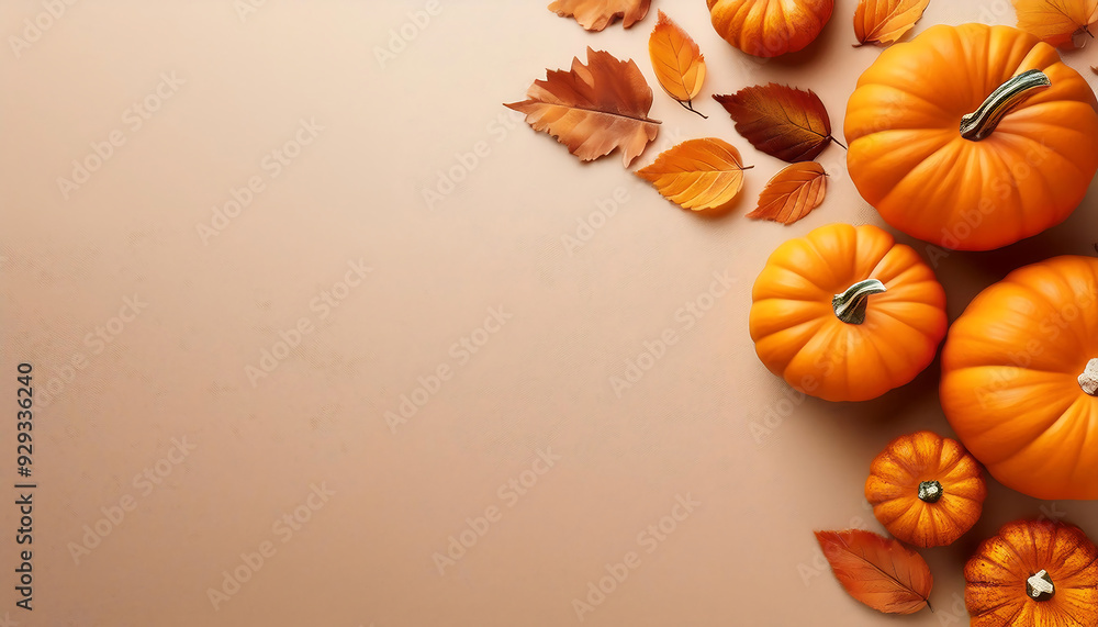 orange pumpkins autumn leaves beige background orange pumpkins autumn leaves beige background