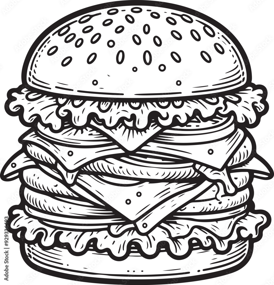 A burger line art coloring book illustration A burger line art coloring book illustration