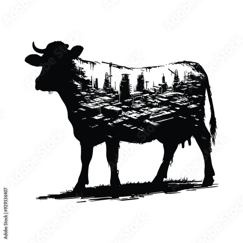 silhouette of Cow, filled with destroyed futuristic dystopia environment in rough drawing,