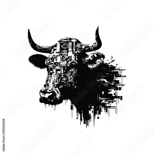 silhouette of Cow, filled with destroyed futuristic dystopia environment in rough drawing,