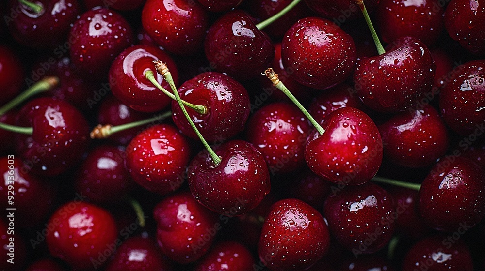 A detailed shot of several cherries with droplets on both ends A detailed shot of several cherries with droplets on both ends