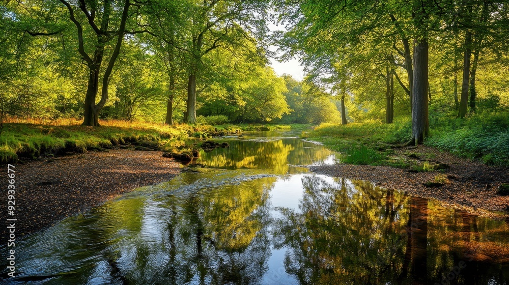 A serene landscape featuring a river surrounded by lush green trees and sunlight reflections. A serene landscape featuring a river surrounded by lush green trees and sunlight reflections.