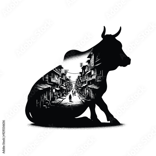 silhouette of Cow, filled with ghetto street in rough drawing,