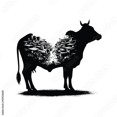 silhouette of Cow, filled with ghetto street in rough drawing,