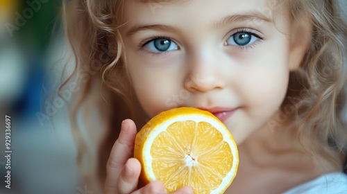 Close-up of a young girl holding a lemon wedge.