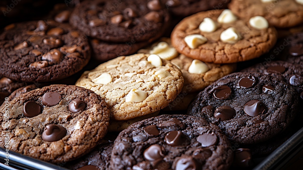 Closeup of assorted chocolate chip cookies in a metal baking dish. Closeup of assorted chocolate chip cookies in a metal baking dish.