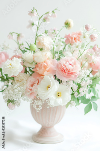 Bouquet of pink and white anemones, roses and ranunculus in a vintage vase