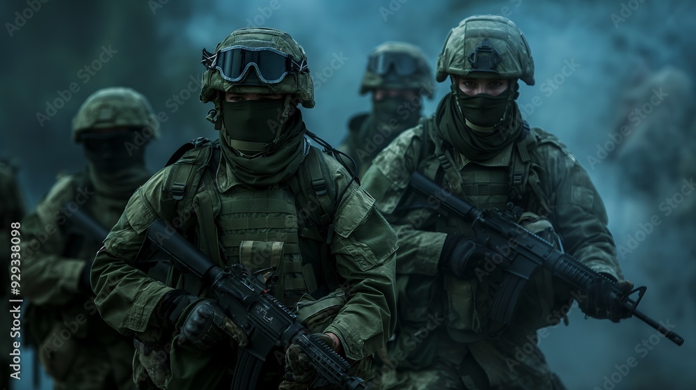 A group of soldiers in tactical gear advancing through a misty environment. A group of soldiers in tactical gear advancing through a misty environment.