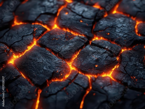 closeup of charred wood texture with glowing embers rich dark tones with fiery orange accents detailed grain patterns and cracks