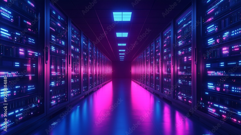 Glowing Data Center Server Room with LED Lights - Low Angle Technology View Glowing Data Center Server Room with LED Lights - Low Angle Technology View