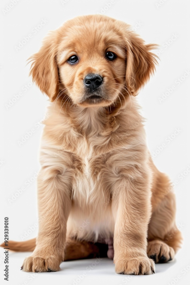 A brown puppy sits comfortably on a white surface
