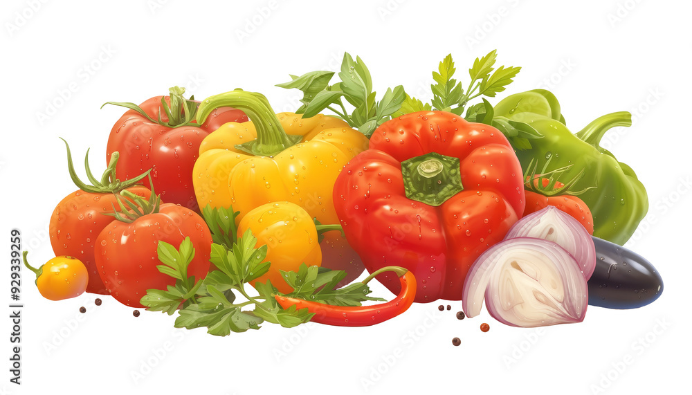 Isolated vegetable set of tomatoes, peppers, onions and garlic, eggplants. Isolated vegetable set of tomatoes, peppers, onions and garlic, eggplants.