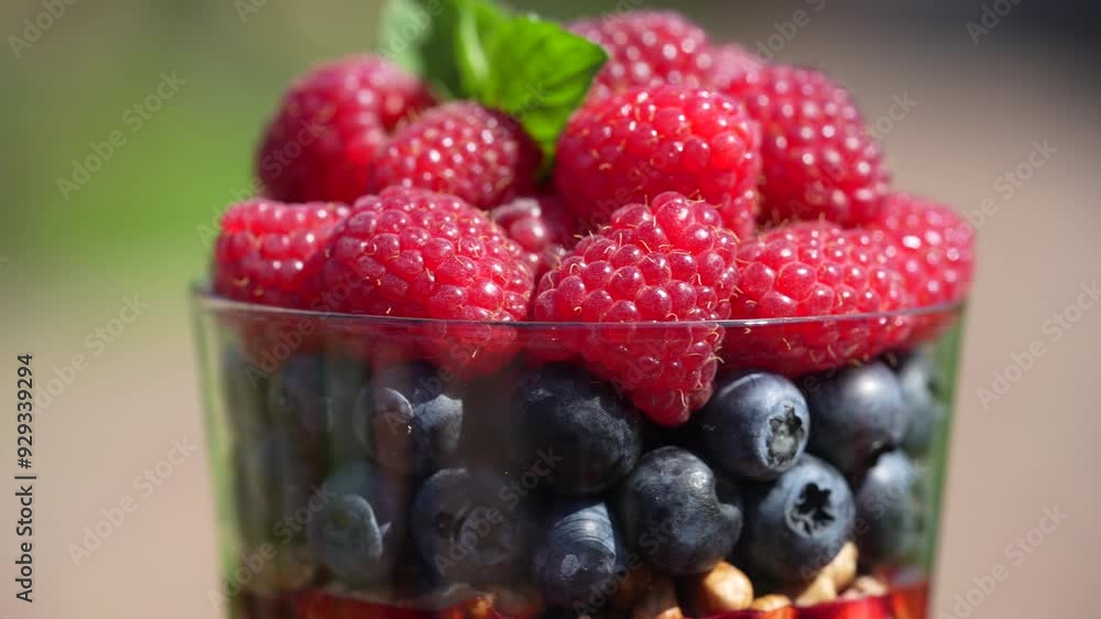 Healthy pudding in a glass with fresh berries, nuts and chia seeds on nature background, close up, rotates. Raspberries and blueberries for breakfast Healthy pudding in a glass with fresh berries, nuts and chia seeds on nature background, close up, rotates. Raspberries and blueberries for breakfast