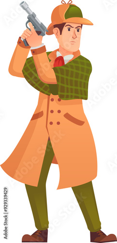 Retro detective with gun. Criminal spy or gangster character
