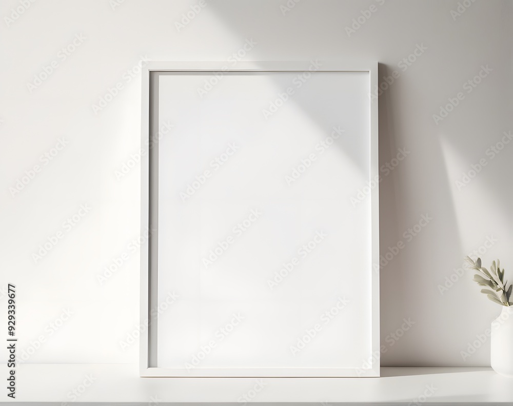 White vertical frame hanging on a white wall mockup White vertical frame hanging on a white wall mockup
