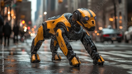 Advanced Yellow Robotic Dog in Urban Cityscape for Cutting-Edge Robotics and AI Technology Applications