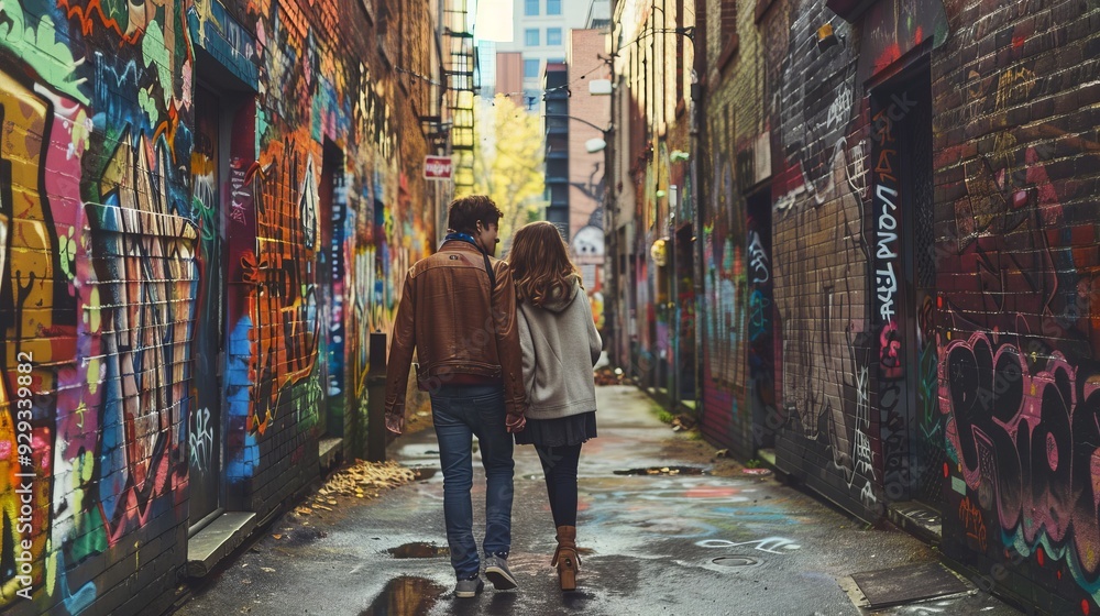 Fototapeta premium Couple Walking Through Graffiti Alley