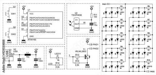 Schematic diagram of electronic device on sheet of paper. Vector drawing electrical circuit with 
integrated circuit, usb connector, light sensor,
capacitor, resistor, transistor, led,
microcontroller