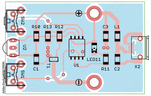 Vector printed circuit board of electronic 
device with components of radio elements, 
conductors and contact pads placed on pcb. 
Engineering technical drawing.