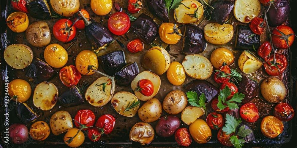 Colorful Vegetables Arranged on Baking Sheet Potatoes Tomatoes Peppers and Eggplant Seasoned Mixed and Roasted for a Nutritious Dinner Colorful Vegetables Arranged on Baking Sheet Potatoes Tomatoes Peppers and Eggplant Seasoned Mixed and Roasted for a Nutritious Dinner