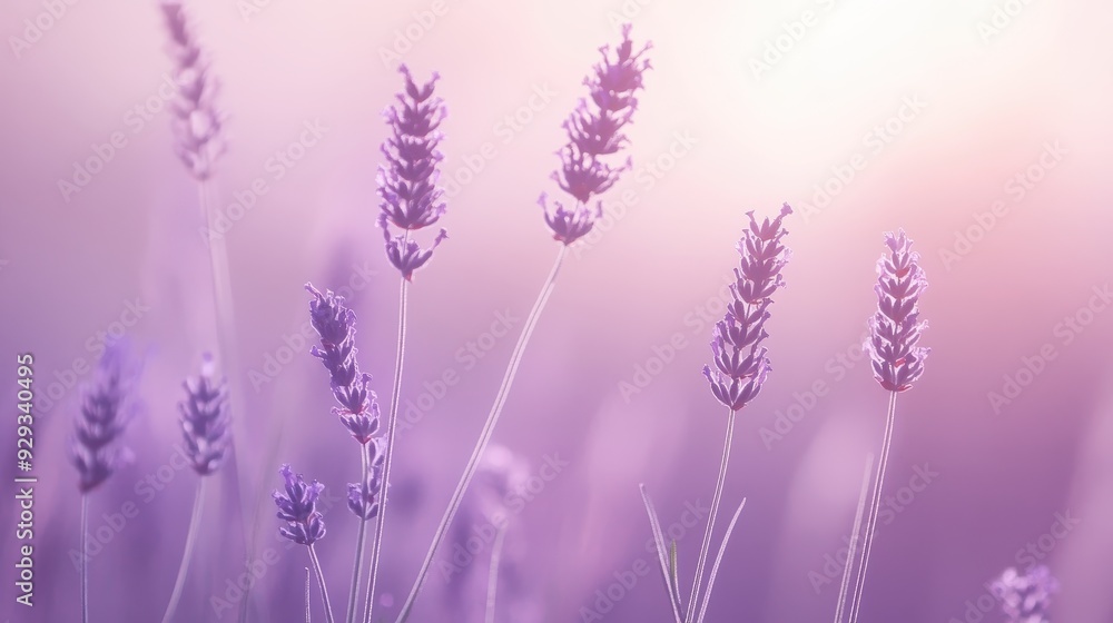 Obraz premium A serene lavender field bathed in soft light, evoking calmness and tranquility.