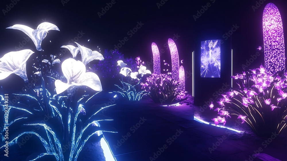 A futuristic botanical garden featuring bioluminescent plants and ...