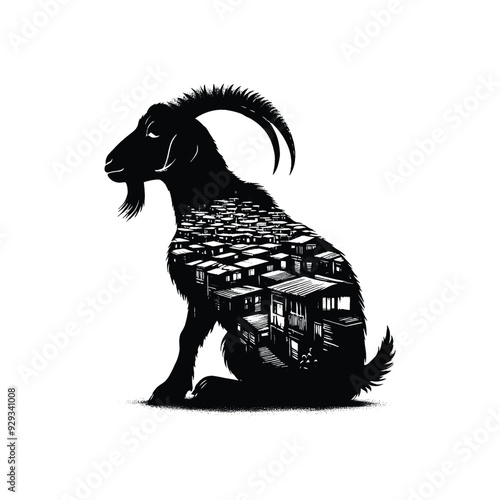 silhouette of Goat, filled with ghetto street in rough drawing,