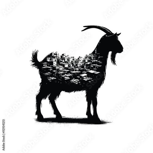 silhouette of Goat, filled with ghetto street in rough drawing,