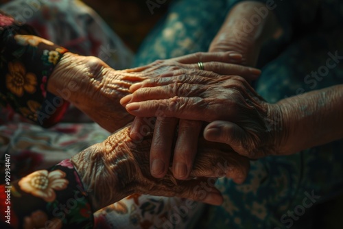 Close-up shot of a person holding hands with an elderly person, conveying care and support