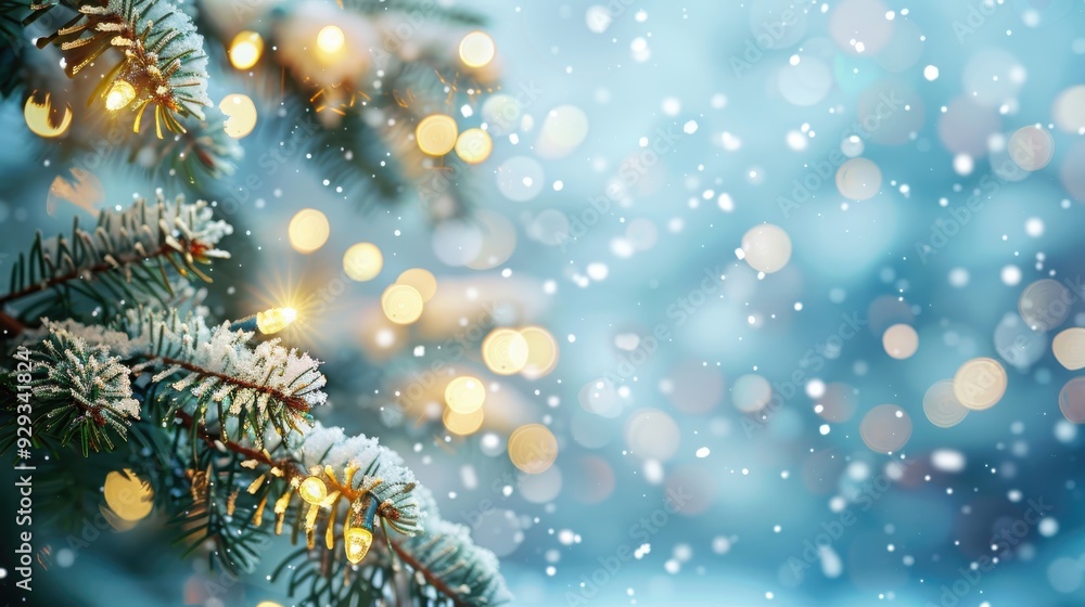 Snow-Covered Pine Fir Branch with Twinkling Fairy Lights, Bokeh Background Creating a Magical Winter Scene Snow-Covered Pine Fir Branch with Twinkling Fairy Lights, Bokeh Background Creating a Magical Winter Scene