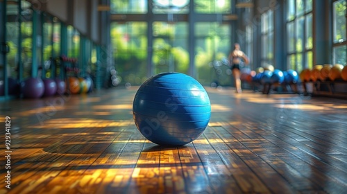 A blue exercise ball sits on a wooden floor in a gym.