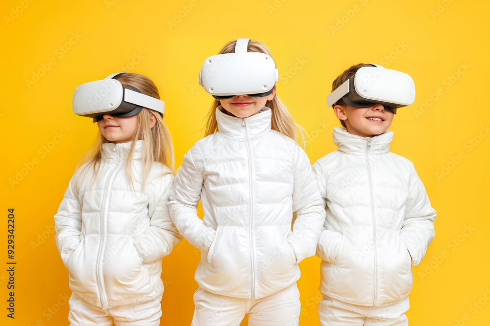 Primary school children in white suits and virtual reality goggles on a yellow background Primary school children in white suits and virtual reality goggles on a yellow background