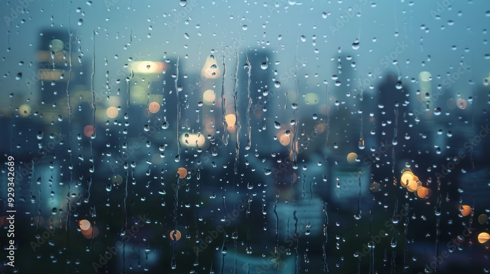 Rain-streaked Window with City Lights