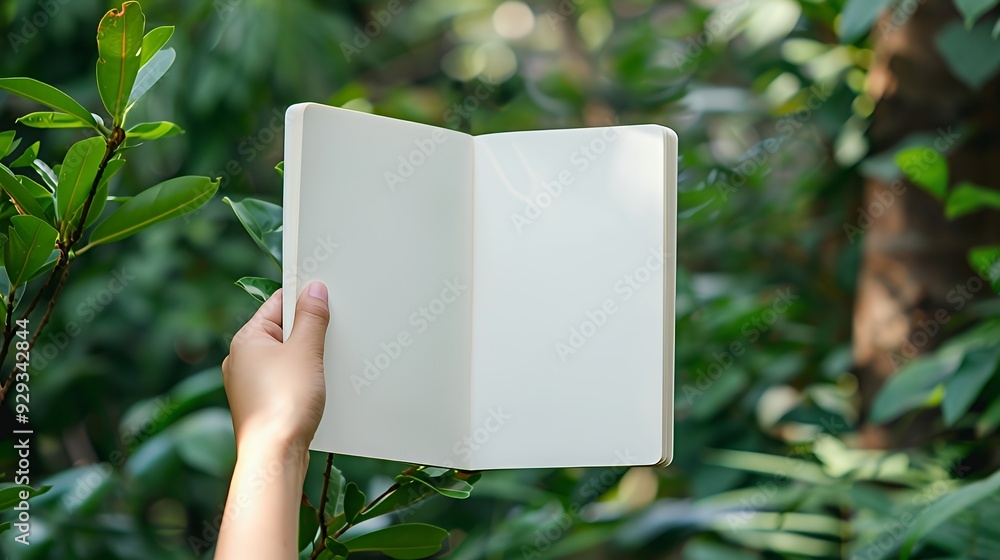 A hand holding an open blank notebook in a lush green environment. A hand holding an open blank notebook in a lush green environment.