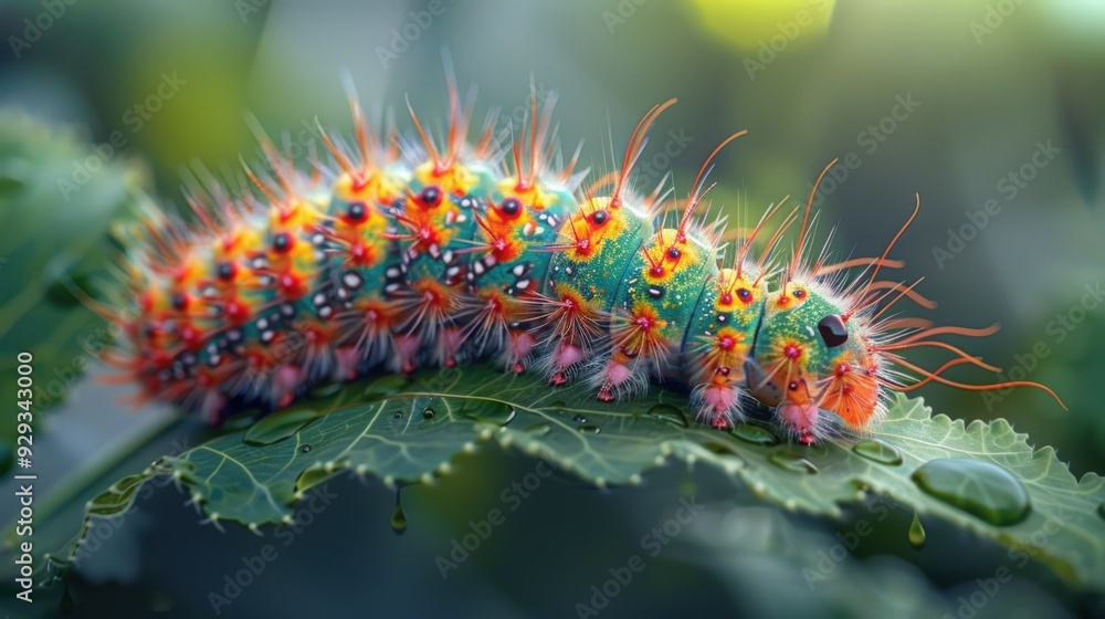A vibrant, colorful caterpillar crawls across a green leaf covered in raindrops.
