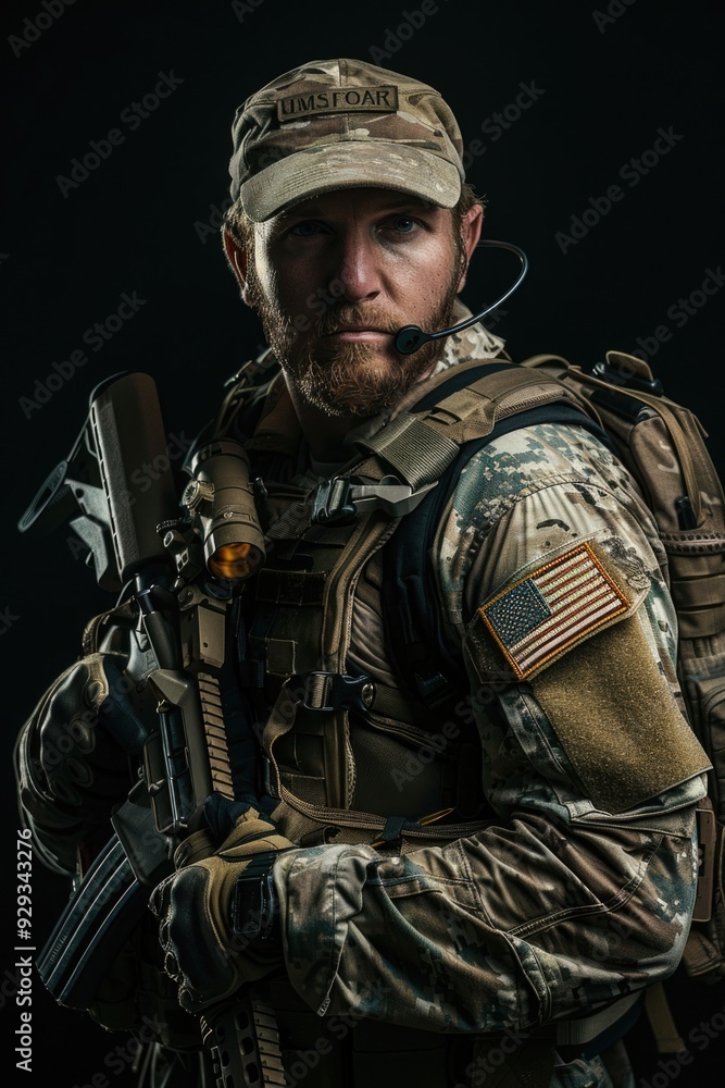 Man in military uniform holding rifle, ideal for patriotic or historical scenes Man in military uniform holding rifle, ideal for patriotic or historical scenes