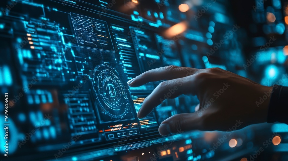A hand interacting with a futuristic digital interface displaying data and graphics. A hand interacting with a futuristic digital interface displaying data and graphics.